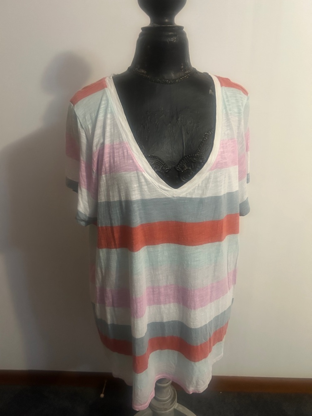 Torrid striped V-Neck Short Sleeve Top in Coral, Gray & Pink